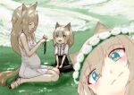  3girls absurdres animal_ears arknights bare_shoulders big_belly black_skirt blonde_hair blue_eyes blurry blush child close-up closed_eyes dog_ears dog_tail dress flower grass head_wreath highres holding holding_flower kotori_photobomb kuruzusu long_hair looking_at_another looking_at_viewer mother_and_daughter motherly multiple_girls on_ground podenco_(arknights) pregnant sandals shirt sitting skirt sundress tail white_dress white_shirt 