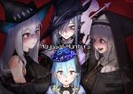  1boy 3girls absurdres abyssal_hunters_logo arknights blue_hair gladiia_(arknights) habit hat highres infection_monitor_(arknights) jellyfish jewelry mizuki_(arknights) multiple_girls necklace nun pointy_ears radish_p red_eyes sharp_teeth silver_hair skadi_(arknights) specter_(arknights) teeth white_hair you_gonna_get_raped 