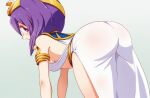  1girl all_fours armlet ass bare_shoulders breasts circlet commentary_request egyptian_clothes from_behind highres jashin-chan_dropkick medium_breasts medium_hair medusa_(jashin-chan_dropkick) purple_eyes purple_hair sat-c side_slit sideboob simple_background solo usekh_collar white_background 