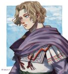  1boy alexander_the_great artist_name bangs blonde_hair blue_eyes blue_sky brooch brown_eyes cape capelin_s cloud day expressionless fringe_trim heterochromia highres jewelry male_focus parted_bangs purple_cape real_life redrawn short_hair sideways_glance sky solo twitter_username upper_body 