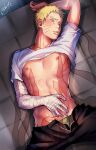  1boy bare_pectorals black_pants blush boruto:_naruto_next_generations clothes_lift cover cover_page doujin_cover grabbing green_male_underwear highres lying male_focus naruto_(series) niisang2 nipples older on_back open_fly open_pants pants pectoral_grab pectorals sexually_suggestive shirt shirt_lift short_hair skinny solo stomach tentacles tentacles_on_male underwear_peek uzumaki_naruto white_shirt 