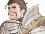  1boy alois_rangeld armor brown_hair face facial_hair fire_emblem fire_emblem:_three_houses green_eyes hair_strand ina_zuma looking_to_the_side male_focus mature_male mustache mutton_chops short_hair sideburns smile solo symbol-only_commentary upper_body 