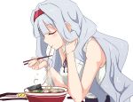  1girl bangs blunt_bangs breasts chopsticks closed_eyes eating food grey_hair hair_intakes hairband hand_in_hair highres holding holding_chopsticks idolmaster idolmaster_(classic) idolmaster_million_live! ito_(itokayu) large_breasts light_blush long_hair noodles profile ramen shijou_takane shirt simple_background sleeveless sleeveless_shirt solo upper_body white_background 