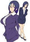  1girl ashiomi_masato breasts closed_mouth collared_shirt dress_shirt fate/grand_order fate_(series) formal high_heels large_breasts legs long_hair looking_at_viewer minamoto_no_raikou_(fate) pencil_skirt purple_eyes purple_hair shirt simple_background skirt skirt_suit smile solo suit white_background 