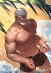  1boy abs absurdres bara bare_pectorals beach beard black-framed_eyewear black_male_swimwear borrowed_character bulge commission facial_hair feet_out_of_frame final_fantasy final_fantasy_xiv glasses highres large_pectorals male_focus male_swimwear mature_male muscular muscular_male navel nipples old old_man original pectorals roegadyn sariya_asa shade short_hair solo stomach summer swim_trunks thighs tree water white_hair 