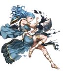  1girl alternate_costume alternate_hair_length alternate_hairstyle armlet bangs bare_shoulders blue_dress blue_hair book bracelet braid breasts brown_eyes crest_of_the_beast crown_braid dancer dancer_(three_houses) dress earrings fire_emblem fire_emblem:_three_houses fire_emblem_heroes highres jewelry long_hair marianne_von_edmund medium_breasts official_art one_eye_closed solo thighlet thighs torn_clothes torn_dress toshiyuki_kusakihara transparent_background 