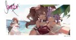  2021 3girls ;) angelina_(arknights) angelina_(summer_flowers)_(arknights) animal_ears arknights bare_shoulders black_choker blue_eyes brown_hair choker commentary eyjafjalla_(arknights) eyjafjalla_(summer_flowers)_(arknights) fox_ears hand_up highres horns infection_monitor_(arknights) long_hair looking_at_viewer multiple_girls off_shoulder official_alternate_costume one_eye_closed outdoors red_eyes sheep_horns short_hair silver_hair smile spaghetti_strap sussurro_(arknights) sussurro_(summer_flowers)_(arknights) twintails upper_body yuan_(ziranran) 