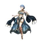  1girl absurdres alternate_costume armlet bangs bare_shoulders blue_hair book bracelet braid breasts brown_eyes commentary crown_braid dancer dancer_(three_houses) earrings english_commentary fire_emblem fire_emblem:_three_houses fire_emblem_heroes full_body highres holding holding_book jewelry looking_at_viewer marianne_von_edmund medium_breasts official_art parted_lips pelvic_curtain short_hair sideboob simple_background smile solo thighlet thighs toshiyuki_kusakihara white_background 