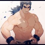  1boy abs bangs belt biceps black_belt black_eyes black_hair blurry bruno_(pokemon) closed_mouth collarbone commentary_request elite_four forked_eyebrows hands_on_hips hy_26 leaves_in_wind long_hair male_focus muscular muscular_male navel pants pectorals pokemon pokemon_(game) pokemon_frlg ponytail shirtless solo stomach thick_eyebrows veins white_pants wind 