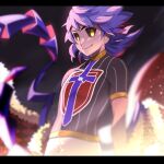  1boy black_sclera blurry champion_uniform closed_mouth colored_sclera commentary_request dark-skinned_male dark_skin eternatus gen_8_pokemon highres legendary_pokemon leon_(pokemon) long_hair looking_at_viewer male_focus no_pupils pokemon pokemon_(game) pokemon_swsh purple_hair shield_print shirt short_sleeves shorts smile sword_print white_shorts yellow_eyes younger yunoru 