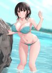  1girl absurdres aqua_bikini bikini black_hair blue_sky breasts cleavage cloud commentary_request day feet_out_of_frame highres jousanrou kantai_collection large_breasts looking_at_viewer outdoors red_eyes rock short_hair sky solo standing swimsuit takao_(kancolle) wading water 