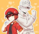  1boy 1girl absurdres ae-3803 ahoge arm_at_side artist_name back-to-back badge bangs baseball_cap belt belt_pouch black_eyes black_shirt breast_pocket button_badge cabbie_hat clenched_hand commentary empty_eyes english_commentary expressionless gloves hair_between_eyes hair_over_one_eye hairband hand_on_hip hand_on_own_face hat hataraku_saibou highres jacket looking_at_viewer nassss open_clothes open_jacket pale_skin patch pocket pouch red_blood_cell_(hataraku_saibou) red_hairband red_headwear red_jacket shaded_face shirt standing translated u-1146 upper_body v v-shaped_eyebrows white_belt white_blood_cell_(hataraku_saibou) white_gloves white_hair white_headwear white_shirt yellow_background yellow_eyes 