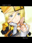  1girl absurdres ashiomi_masato blonde_hair blue_eyes closed_mouth fingerless_gloves gloves guilty_gear guilty_gear_xrd hat highres long_hair long_sleeves looking_at_viewer millia_rage orange_headwear pointing pointing_at_viewer solo 