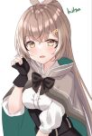  1girl artist_name bangs black_bow black_gloves black_skirt blush bow brown_cape brown_eyes brown_hair cape commentary english_commentary eyebrows_visible_through_hair fingerless_gloves gloves hair_between_eyes hair_ornament hairclip hand_up highres hitsukuya hololive hololive_english looking_at_viewer nanashi_mumei parted_lips ponytail puffy_short_sleeves puffy_sleeves shirt short_sleeves signature simple_background skirt smile solo virtual_youtuber white_background white_shirt 