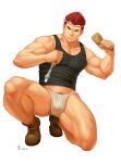  1boy bara bare_shoulders biceps bihu_(smallpot88) black_tank_top bulge chisel fundoshi green_eyes hachimaki hammer headband highres holding holding_hammer japanese_clothes large_pectorals male_cleavage male_focus mature_male midriff_peek muscular muscular_male navel navel_hair no_pants one_knee original pectorals pubic_hair pubic_hair_peek red_hair shoes short_hair sideburns sidepec solo tank_top thick_thighs thighs white_male_underwear wood 