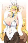  1girl animal_ears armpits arms_up artoria_pendragon_(fate) artoria_pendragon_(swimsuit_ruler)_(fate) artoria_pendragon_(swimsuit_ruler)_(fate)_(cosplay) bangs bare_shoulders blonde_hair blue_eyes blue_neckwear blush breasts centaur centorea_shianus cleavage clothing_cutout commission cosplay cowboy_shot detached_collar english_commentary eyebrows_visible_through_hair fate/grand_order fate_(series) feather_boa fishnet_legwear fishnets hair_between_eyes highleg highleg_leotard horse_ears horse_tail huge_breasts leotard lindaroze long_hair looking_at_viewer monster_girl monster_musume_no_iru_nichijou multiple_legs navel navel_cutout necktie nose_blush orange_background pantyhose parted_lips patreon_username playboy_bunny pointy_ears ponytail rabbit_ears sidelocks solo standing standing_on_three_legs tail taur tiara twitter_username very_long_hair watermark web_address white_leotard wrist_cuffs 