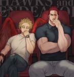 2boys black_shirt blonde_hair blue_eyes boku_no_hero_academia bulge casual contemporary couple endeavor_(boku_no_hero_academia) facial_hair feathered_wings hand_on_own_face hawks_(boku_no_hero_academia) highres jo_tuesday19 male_focus mature_male multiple_boys muscular muscular_male pants pectorals red_hair red_wings scar scar_across_eye shirt short_hair sideburns sitting spiked_hair spread_legs stubble thick_thighs thighs tight tight_shirt toned toned_male white_pants wings yaoi 
