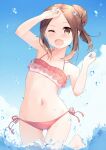  1girl :d alternate_hairstyle ass_visible_through_thighs bikini blue_sky brown_eyes brown_hair cloud dot_nose flat_chest forehead frilled_bikini frills highres karakai_jouzu_no_takagi-san looking_at_viewer medium_hair navel one_eye_closed open_mouth pink_bikini side-tie_bikini sky smile solo splashing standing stomach swimsuit takagi-san tied_hair wari_(nirodo26) water water_drop 