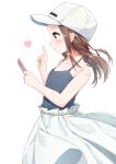  1girl bare_arms bare_shoulders baseball_cap belt blue_shirt blush brown_eyes brown_hair cellphone collarbone floating_hair hat heart highres holding holding_phone index_finger_raised karakai_jouzu_no_takagi-san light_smile looking_at_phone medium_hair phone shiny shiny_hair shirt shirt_tucked_in skirt smartphone solo spaghetti_strap standing takagi-san wari_(nirodo26) white_background white_headwear wind wind_lift 