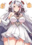  &gt;_&lt; 1girl absurdres antenna_hair azur_lane bangs blush breasts bridal_veil brown_eyes closed_eyes closed_mouth commentary_request dress eyebrows_visible_through_hair folding_fan from_below garter_straps grey_hair hair_between_eyes hand_fan headgear highres large_breasts long_hair looking_at_viewer looking_down manjuu_(azur_lane) mole mole_on_breast moyoron multicolored_hair official_alternate_costume panties party_popper prinz_eugen_(azur_lane) prinz_eugen_(symphonic_fate)_(azur_lane) red_hair see-through sketch smile streaked_hair thighhighs underwear veil very_long_hair wedding_dress white_dress white_legwear white_panties 