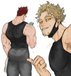  2boys ass back bara bare_shoulders black_mask black_tank_top blonde_hair boku_no_hero_academia endeavor_(boku_no_hero_academia) grey_pants hawks_(boku_no_hero_academia) highres holding holding_phone jo_tuesday19 male_focus mask mature_male mouth_mask multiple_boys muscular muscular_male pants phone pointing_at_another red_hair short_hair sideburns smile spiked_hair sweat tank_top thick_thighs thighs yaoi 