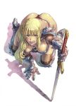  1girl all_fours arm_support armor ass blonde_hair blush breasts character_request copyright_request fujii_eishun gauntlets greaves highres holding holding_sword holding_weapon knight long_hair looking_at_viewer planted planted_sword pointy_ears solo sweat sword teeth thong weapon 
