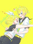  ! 1boy 1girl aqua_eyes bare_arms bare_shoulders blonde_hair blush bow brother_and_sister character_name commentary crop_top flying_heart glomp hair_bow hug imminent_hug kagamine_len kagamine_rin midriff necktie pd_ta1 sailor_collar shirt short_hair short_ponytail shorts siblings sleeveless sleeveless_shirt spoken_exclamation_mark surprised twins vocaloid white_bow yellow_neckwear 