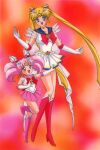  1990s_(style) 2girls bangs bishoujo_senshi_sailor_moon blonde_hair blue_eyes chibi_usa double_bun elbow_gloves eyebrows_visible_through_hair gloves height_difference kneehighs leotard long_hair magical_girl miniskirt multiple_girls official_art open_mouth pink_footwear pink_hair pleated_skirt red_eyes red_footwear retro_artstyle sailor_chibi_moon sailor_moon sailor_senshi skirt super_sailor_chibi_moon super_sailor_moon tiara tsukino_usagi twintails very_long_hair 