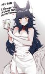  1girl ahri animal_ear_fluff animal_ears bare_shoulders black_hair can commentary ehrrr english_commentary english_text highres league_of_legends long_hair looking_at_viewer naked_towel simple_background soda soda_can solo sprite_(drink) tail towel yellow_eyes 