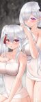  2girls absurdres artist_name blurry blurry_background blush braid breasts cleavage covered_navel crown_braid depth_of_field hair_ornament hair_over_one_eye heart heart-shaped_pupils highres horns huge_breasts large_breasts li_zhiheng lu_xiaoyu multiple_girls my_harem_grew_so_large_i_was_forced_to_ascend naked_towel pink_eyes red_eyes silver_hair sitting skindentation steam symbol-shaped_pupils tassel towel twintails tying_hair weibo_username wet yun_youyou 
