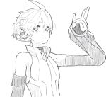  1boy bare_shoulders bass_clef commentary d_futagosaikyou detached_sleeves greyscale hand_up hatching_(texture) headphones high_collar highres kagamine_len kagamine_len_(append) light_smile looking_at_viewer looking_to_the_side male_focus monochrome pendant_choker salute shirt short_ponytail sketch sleeveless sleeveless_shirt solo spiked_hair two-finger_salute upper_body vocaloid vocaloid_append white_background 