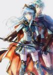  1boy 1girl alternate_costume alternate_hairstyle aqua_eyes aqua_hair armor bangs belt breastplate brother_and_sister cape cosplay earrings eirika_(fire_emblem) ephraim_(fire_emblem) ephraim_(fire_emblem)_(cosplay) eyebrows_visible_through_hair fire_emblem fire_emblem:_the_sacred_stones fire_emblem_heroes gloves hair_between_eyes highres holding holding_weapon jewelry lance long_hair mintes official_alternate_costume open_mouth pauldrons polearm ponytail shoulder_armor siblings sidelocks skirt sweatdrop thighhighs twins twitter_username weapon white_background 