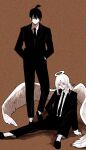  2boys angel angel_devil_(chainsaw_man) angel_wings brown_background business_suit chainsaw_man closed_mouth film_grain formal hair_between_eyes halo hands_in_pockets hayakawa_aki_(chainsaw_man) highres hoshi_san_3 jacket long_sleeves looking_at_viewer multiple_boys necktie pants shoes sitting socks spread_wings suit topknot tuxedo wings 