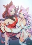  2girls animal_ears bangs blunt_bangs bracelet breasts bridal_gauntlets cat_ears cat_tail choker cleavage elbow_gloves facial_mark fictional_persona final_fantasy final_fantasy_xiv gloves heterochromia highres holding_hands jewelry kio_naoki long_hair looking_at_viewer medium_breasts miqo&#039;te multicolored_hair multiple_girls necklace pink_hair red_hair sabrith_ebonclaw scar scar_across_eye scar_on_face scar_on_nose slit_pupils tail tayelle_ebonclaw thighhighs two-tone_hair whisker_markings 