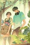  2boys brown_hair closed_mouth face-to-face flower garderobe_uniform green_eyes green_shirt hand_in_pocket headphones headphones_around_neck highres holding leaf looking_at_another male_focus multiple_boys open_mouth original railing red_flower shirt short_hair smile tree tumeii 