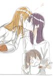  3girls aihara_mei aihara_yuzu bib brown_hair citrus_(saburouta) closed_eyes eyebrows_visible_through_hair family glidesloe hand_on_another&#039;s_chin heart if_they_mated ips_cells kiss mother_and_daughter multiple_girls orange_hair purple_hair simple_background sitting white_background yuri 