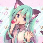  1girl animal_ear_fluff animal_ears bangs bare_shoulders black_sleeves blue_eyes blush bow cat_ears cat_girl cat_tail collared_shirt commentary detached_sleeves diagonal_stripes eyebrows_visible_through_hair green_eyes green_hair green_neckwear hair_between_eyes hands_up hatsune_miku heart heart-shaped_pupils highres kemonomimi_mode long_hair long_sleeves necktie open_mouth polka_dot polka_dot_background red_bow shirt sleeveless sleeveless_shirt solo striped striped_background symbol-shaped_pupils tail twintails upper_body very_long_hair vocaloid white_shirt yuirinex 