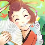  1boy ^_^ androgynous blush brown_hair closed_eyes commentary_request confetti face facing_viewer folding_fan forehead green_background grin gyakuten_saiban gyakuten_saiban_6 hair_bun hair_ornament hair_stick hand_fan hand_up haori happy head_tilt holding holding_fan japanese_clothes kimono male_focus multicolored multicolored_clothes multicolored_kimono sakota_(sakota_6box) senpuutei_bifuu short_hair sidelocks smile straight-on teeth tied_hair upper_body 