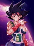  1girl areolae bardock battle_damage black_hair breasts cleavage closed_mouth cross_scar dragon_ball dragon_ball_z genderswap genderswap_(mtf) highres ikamochi_kalong large_breasts looking_at_viewer muscular muscular_female nipples saiyan_armor solo torn_clothes upper_body 