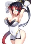 1girl breasts cleavage dress highres kibihimi large_breasts long_hair multicolored_hair nanbu_kaguya one_eye_closed open_mouth ponytail simple_background smile solo strapless strapless_dress super_robot_wars super_robot_wars_og_saga_mugen_no_frontier two-tone_hair white_background 