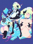  1boy absurdres aetherion apron ascot black_gloves black_legwear blush bulge covering covering_chest feather_duster gloves green_hair half_gloves highres huge_filesize lio_fotia maid maid_headdress male_focus multiple_views navel otoko_no_ko panties pink_panties promare purple_eyes short_hair thigh_strap thighhighs underwear waist_apron 