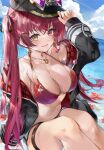  1girl bangs bare_shoulders bikini black_jacket blush breasts cleavage collarbone dolphin_shorts hair_ribbon heterochromia highres hinahino hololive hood hooded_jacket houshou_marine jacket large_breasts long_hair long_sleeves looking_at_viewer navel open_mouth red_bikini red_eyes red_hair red_ribbon ribbon short_shorts shorts smile solo swimsuit thighs twintails virtual_youtuber white_shorts yellow_eyes 