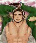  1boy abs arms_up axis_powers_hetalia bara bare_pectorals beard blush breast_mousepad chest_hair dakimakura_(medium) facial_hair green_jacket jacket large_pectorals male_focus mature_male muscular muscular_male niichi_(niichi21) nipples open_clothes open_jacket open_shirt pectorals short_hair smile solo turkey_(hetalia) upper_body 