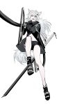  1girl animal_ears arknights bare_legs black_footwear black_jacket chinese_commentary commentary_request fangs foreshortening full_body grey_eyes hair_ornament hairclip highres holding holding_sword holding_weapon jacket lappland_(arknights) long_hair long_sleeves looking_at_viewer midriff open_mouth oripathy_lesion_(arknights) pointing_weapon shoes simple_background solo sword tail upper_teeth weapon white_background white_hair wolf_ears wolf_girl wolf_tail xiandao1213 