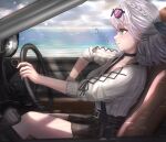  1girl black_choker black_skirt blue_ribbon braid breasts car choker closed_mouth commentary_request driving eyewear_on_head from_side green_eyes ground_vehicle hair_ribbon highres hololive medium_breasts motor_vehicle musical_note nori_55512 plaid plaid_skirt ribbed_sweater ribbon shirogane_noel silver_hair sitting skirt sleeves_past_elbows smile solo steering_wheel sunglasses sweater virtual_youtuber white_sweater 