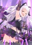  1girl :d animal_ears arm_up armpits blush bow cat_ears cat_tail elbow_gloves fake_animal_ears flat_chest gloves glowstick gmkj hair_bow highres hololive jpeg_artifacts long_hair looking_back midriff murasaki_shion open_mouth panties pantyshot silver_hair smile solo tail tail_bow tail_ornament thighhighs two_side_up underwear virtual_youtuber yellow_eyes zettai_ryouiki 