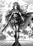  1girl breasts cape closed_eyes dress fire full_body gloves granblue_fantasy greyscale half_updo highres holding holding_sword holding_weapon idolmaster idolmaster_cinderella_girls lightning long_hair medium_breasts ment monochrome one_side_up open_mouth shaded_face shimamura_uzuki skirt smile solo sword weapon 