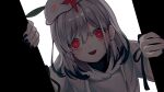  1girl black_nails blush commentary eyebrows_visible_through_hair glowing glowing_eyes highres hood hoodie looking_at_viewer multicolored_hair open_mouth original red_eyes senada37 short_hair silver_hair simple_background solo white_hoodie yandere 
