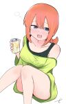  1girl :d bangs bare_shoulders beer_can blue_eyes blush breasts can collarbone drunk eyebrows_behind_hair eyebrows_visible_through_hair feet_out_of_frame go-toubun_no_hanayome green_shirt hair_between_eyes highres holding holding_can knees_together_feet_apart knees_up kujou_karasuma long_hair long_sleeves low_ponytail medium_breasts nakano_yotsuba off_shoulder open_mouth orange_hair ponytail shirt signature simple_background smile solo white_background 