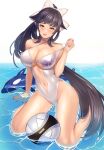  1girl absurdres arm_support azur_lane ball bangs bare_shoulders beachball black_hair blush bow breasts brown_eyes character_name choker cleavage clothing_cutout collarbone commentary_request criss-cross_halter eyebrows_behind_hair full_body groin hair_bow hair_flaps halterneck highres inflatable_orca inflatable_toy large_breasts long_hair looking_at_viewer navel navel_cutout official_alternate_costume one-piece_swimsuit parted_lips ponytail rakuri_(rwrn5475) red_nails sakura_empire_(emblem) sidelocks simple_background sitting solo strap_pull swept_bangs swimsuit takao_(azur_lane) takao_(beach_rhapsody)_(azur_lane) underboob underboob_cutout upper_teeth very_long_hair wariza water wet white_background white_bow white_choker white_swimsuit 